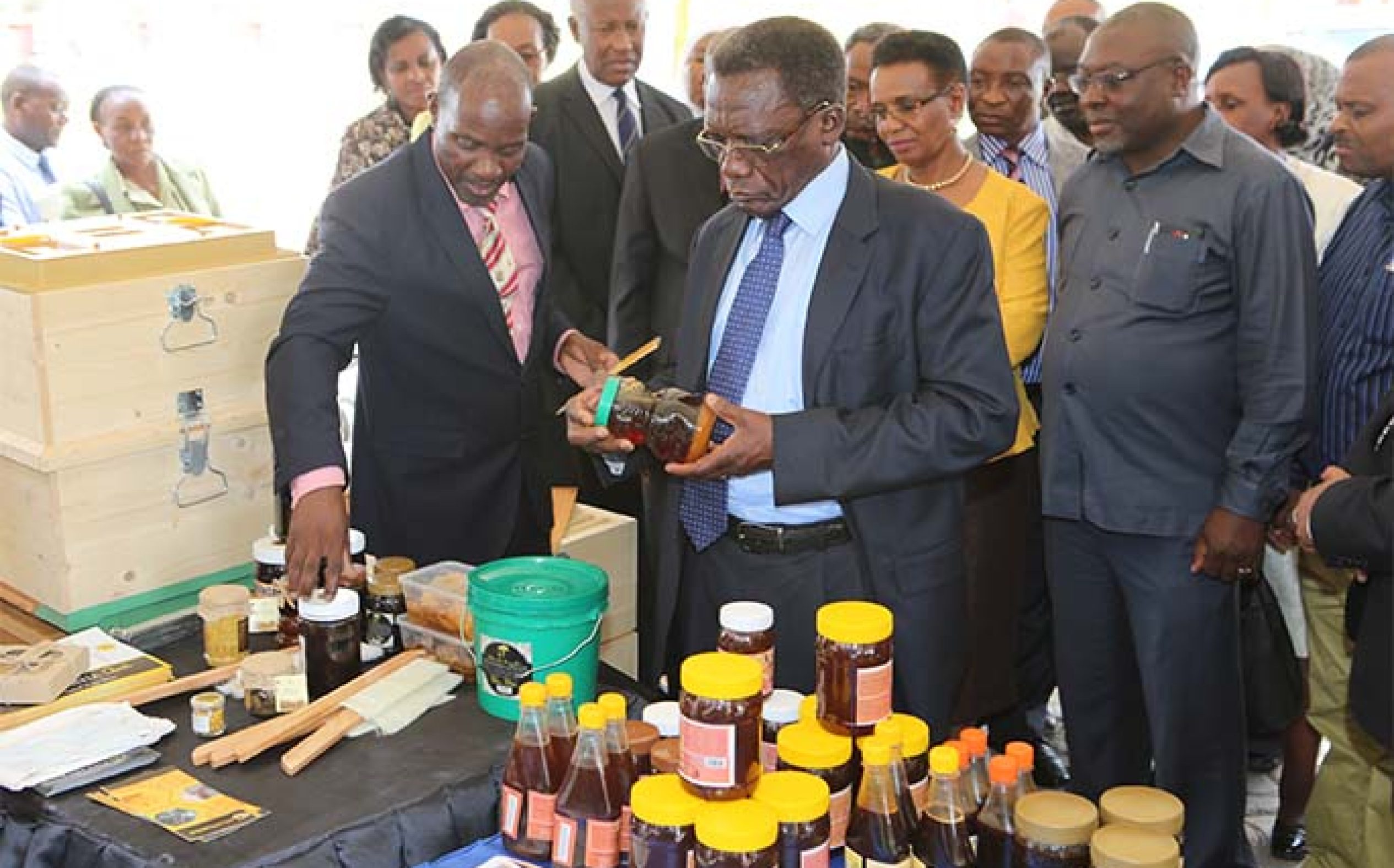 The prime minister of the tenth phase Peter Kayanza Pinda visiting a pavilion with beekeeping products from MUET in the fields of sababasa Dar-es-Salaam.